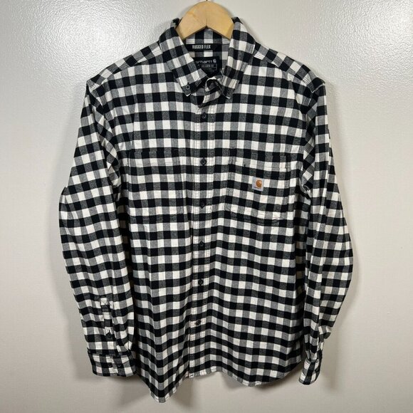 Carhartt Rugged Flex Flannel Shirt Size Medium Black Relaxed Fit Plaid Work - Picture 1 of 10
